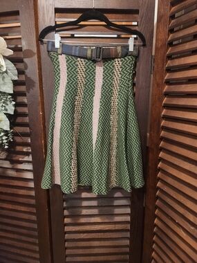 Etro Green Chevron Circle Skirt with Neutral and Pale Pink Stripes